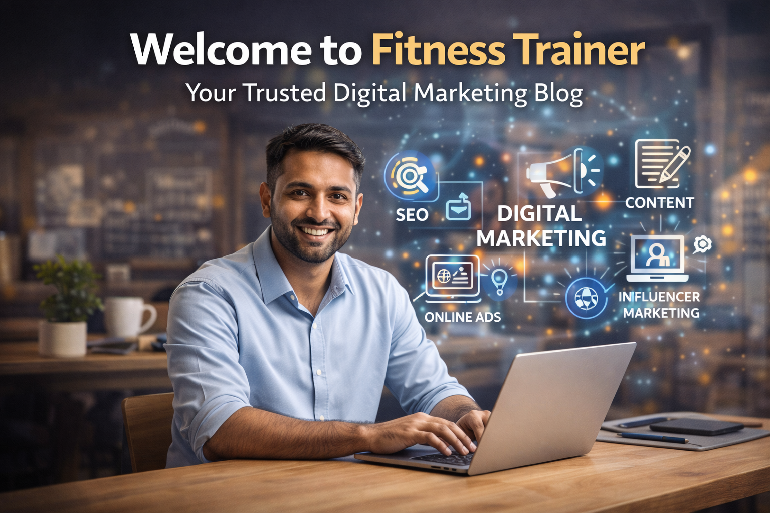 Digital marketing blogger working on laptop with SEO, content marketing, and online growth concepts