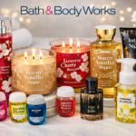 Bath and Body Works products including scented candles, body lotions, fragrance mists, hand soaps, and sanitizers beautifully arranged for personal care and home fragrance.