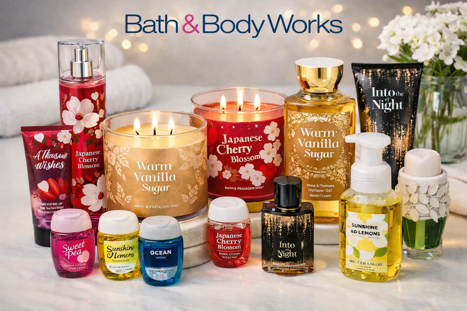 Bath and Body Works products including scented candles, body lotions, fragrance mists, hand soaps, and sanitizers beautifully arranged for personal care and home fragrance.