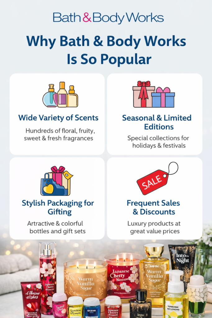 Why Bath and Body Works is so popular showing wide variety of fragrances, seasonal limited editions, stylish gift packaging, and frequent sales with Bath & Body Works products.