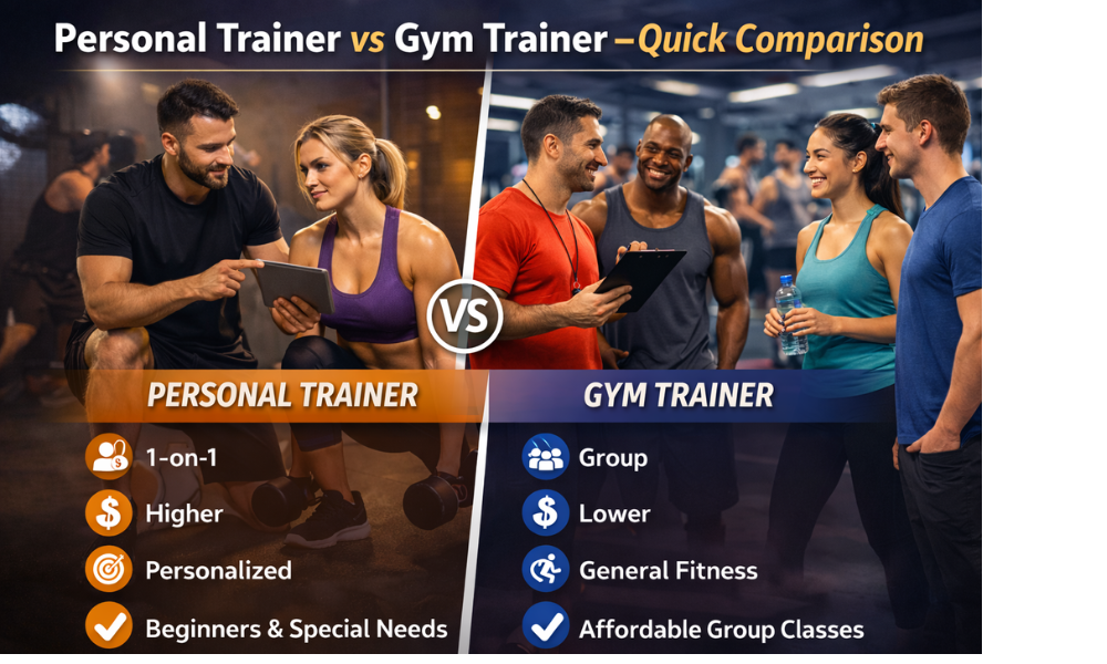 Personal trainer vs gym trainer quick comparison showing one-on-one training and group fitness guidance