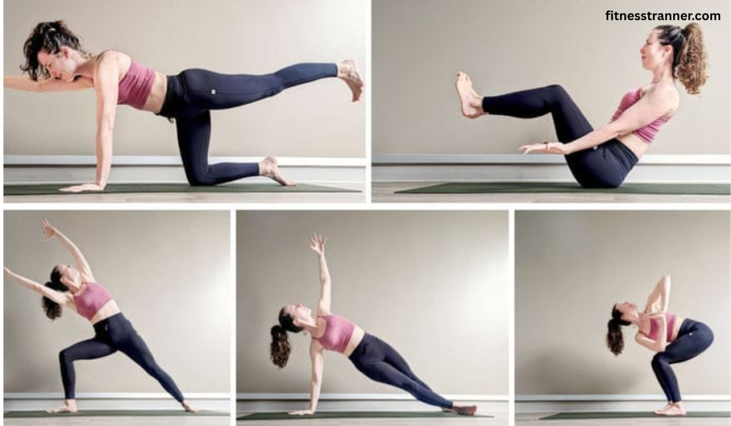 Strong Body Yoga करते हुए व्यक्ति प्लैंक और सूर्य नमस्कार पोज में